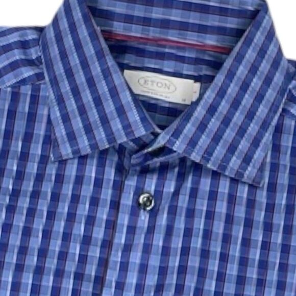 ETON Contemporary Blue Check Long Sleeve Men’s Button Up Shirt Sz Large - Picture 1 of 5